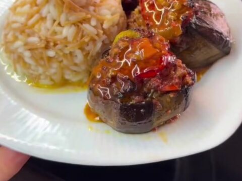 Stuffed eggplant with spiced beef and tomato sauce, garnished with tomato wedges and green peppers.