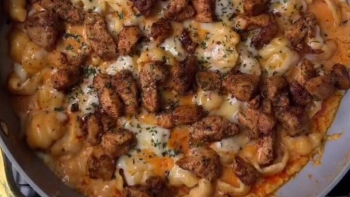 Spicy chili chicken penne in a creamy parmesan sauce, garnished with fresh parsley and chili flakes