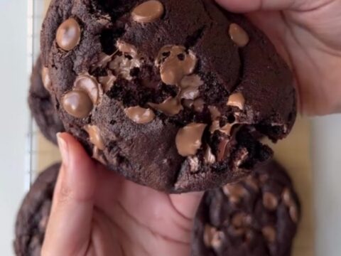Pulling apart a warm, thick chocolate cookie with molten chocolate pools