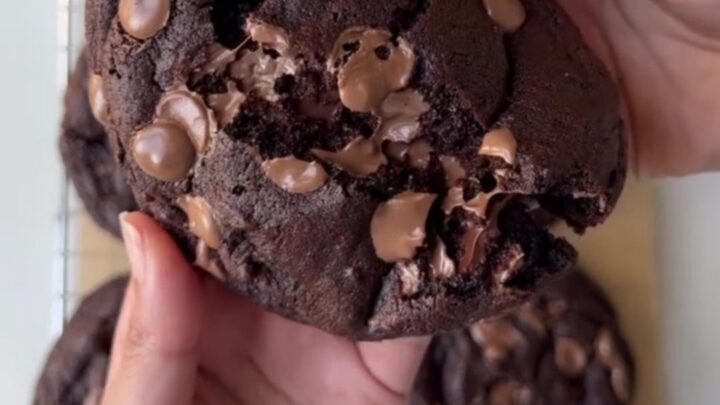 Pulling apart a warm, thick chocolate cookie with molten chocolate pools