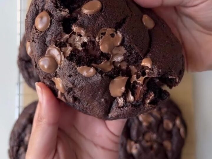 Pulling apart a warm, thick chocolate cookie with molten chocolate pools