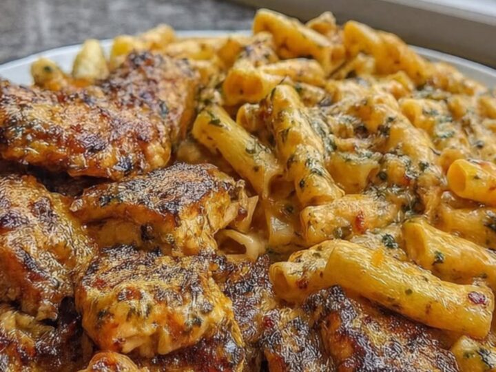 A steaming plate of penne pasta tossed in a rich, creamy garlic butter sauce with golden seared chicken pieces.