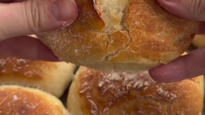 Crackly artisan bread rolls with a deeply blistered crust, torn open to show a soft honeycomb crumb