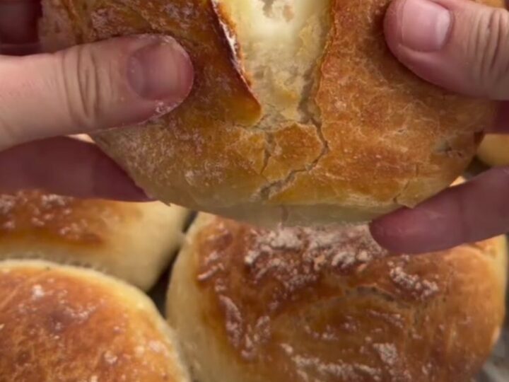 Crackly artisan bread rolls with a deeply blistered crust, torn open to show a soft honeycomb crumb