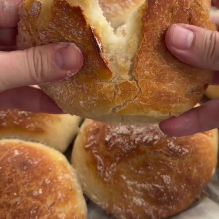 Crackly artisan bread rolls with a deeply blistered crust, torn open to show a soft honeycomb crumb