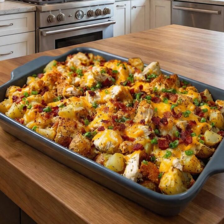 A steaming, loaded baked potato chicken casserole in a grey pan with melted cheddar and crispy bacon.