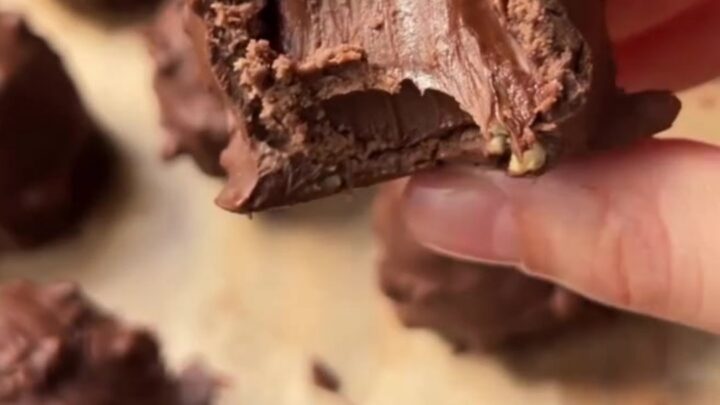 A truffle sliced in half revealing a molten Nutella center, with a crunchy hazelnut shell and chewy biscuit ring.