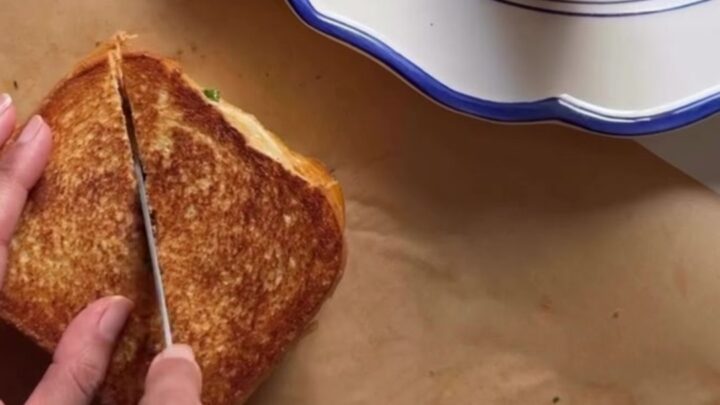 Crispy golden sandwich sliced diagonally, showing creamy chicken filling with melted cheese and vegetables