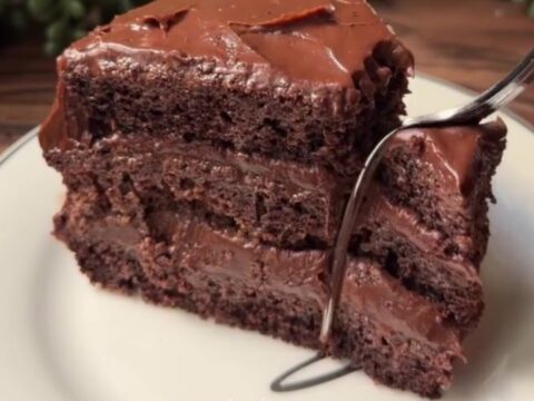 A slice of no-bake chocolate mousse cake with a thick cocoa dusting on top, showing the creamy interior and biscuit base.