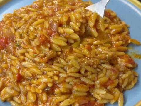 A spoonful of creamy eggplant tomato orzo pilaf with fresh dill and olive oil drizzle