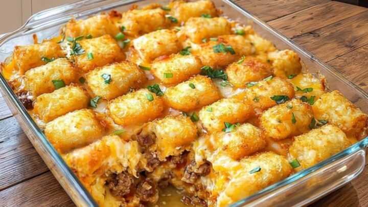 A steaming portion of cheesy tater tot beef casserole being lifted from a glass dish with a spatula.