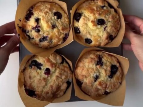 Tall blueberry lemon crumb muffins on a cooling rack, golden streusel topping, one broken open showing juicy blueberries.