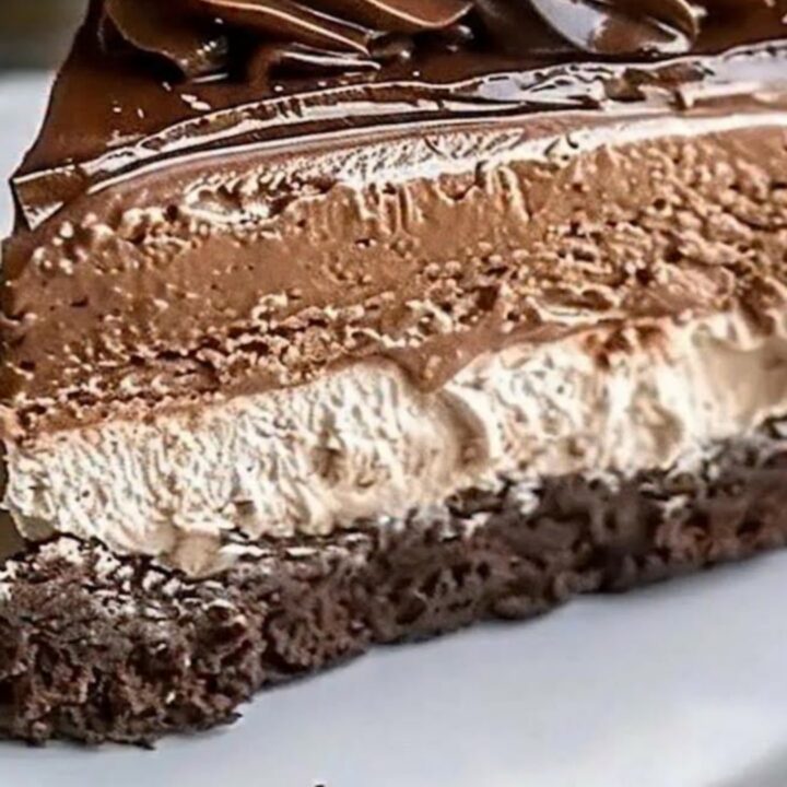 A slice of triple chocolate mousse cake with piped rosettes on a white plate.