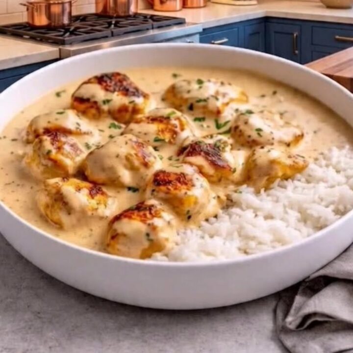 A wide white bowl featuring golden seared chicken pieces in a creamy garlic parmesan sauce served over fluffy white rice.