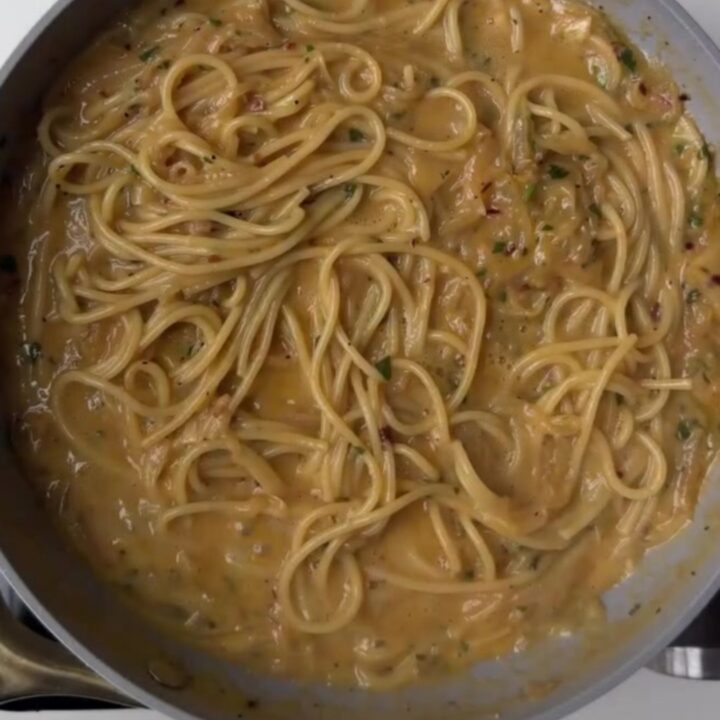 Twirled fettuccine with caramelized onions on a rustic ceramic plate, topped with shaved Parmesan