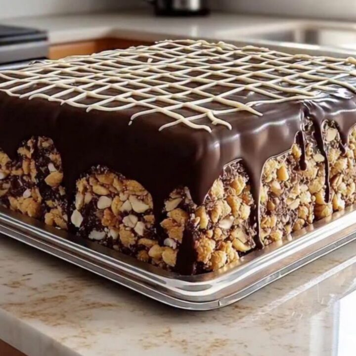 A square chocolate biscuit cake with a glossy dark chocolate glaze and white chocolate drizzle on a silver tray.