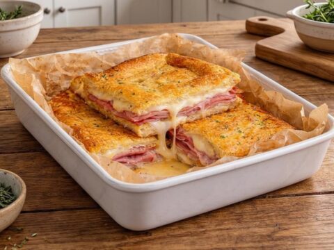 A golden, crispy baked ham and cheese sandwich loaf sitting on a wooden board.