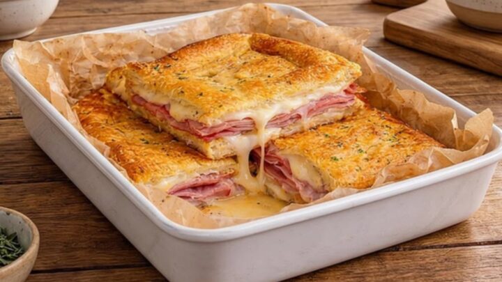 A golden, crispy baked ham and cheese sandwich loaf sitting on a wooden board.