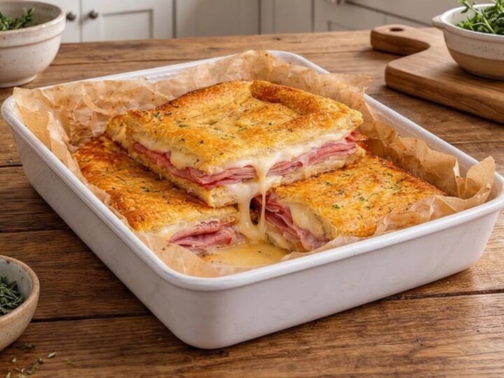 A golden, crispy baked ham and cheese sandwich loaf sitting on a wooden board.