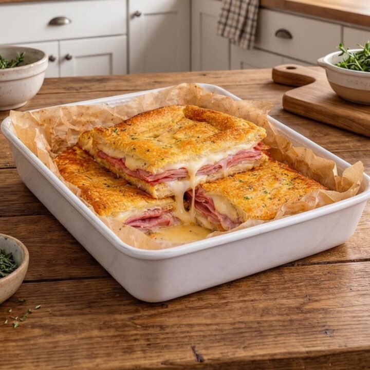A golden, crispy baked ham and cheese sandwich loaf sitting on a wooden board.