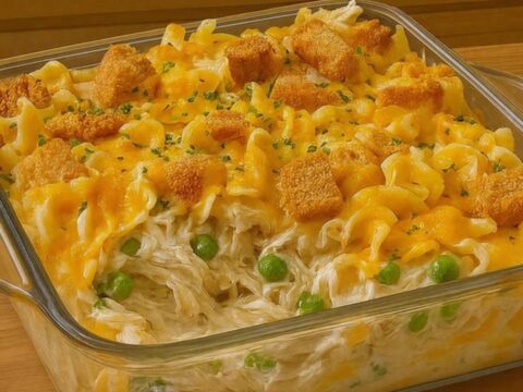 A steaming, cheesy chicken noodle casserole in a glass dish sitting on a wooden counter near a bright, sunny window.