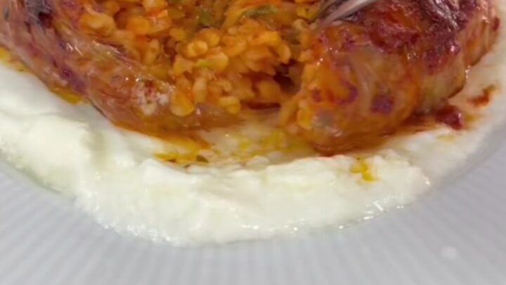 Baked cabbage dome sliced on a bed of garlic yogurt, showing spiced beef and rice filling