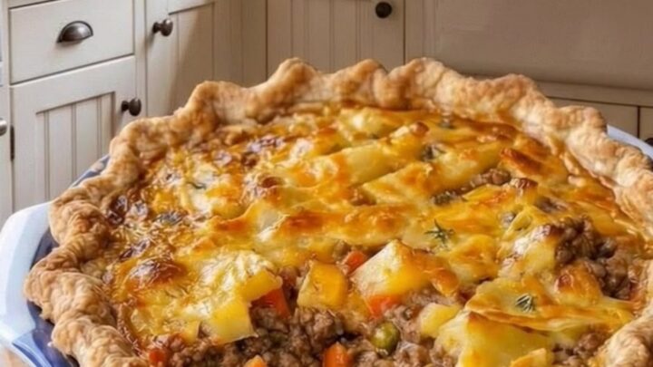A golden-brown savory beef pie in a white fluted dish sits on a wooden counter with steam rising from a missing slice.
