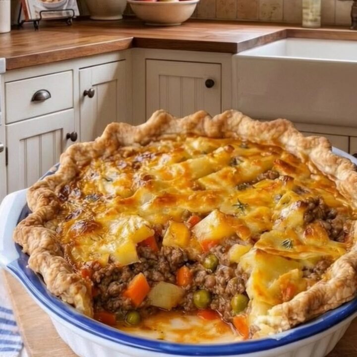 A golden-brown savory beef pie in a white fluted dish sits on a wooden counter with steam rising from a missing slice.