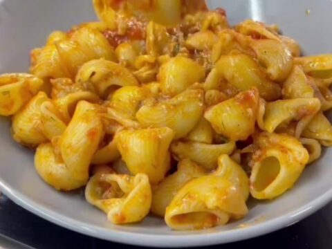 Spoonful of cheesy pipe rigate pasta with melted mozzarella stretching