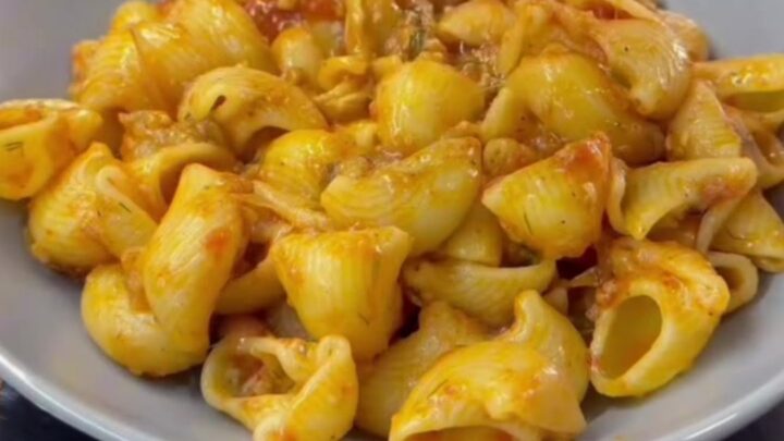 Spoonful of cheesy pipe rigate pasta with melted mozzarella stretching