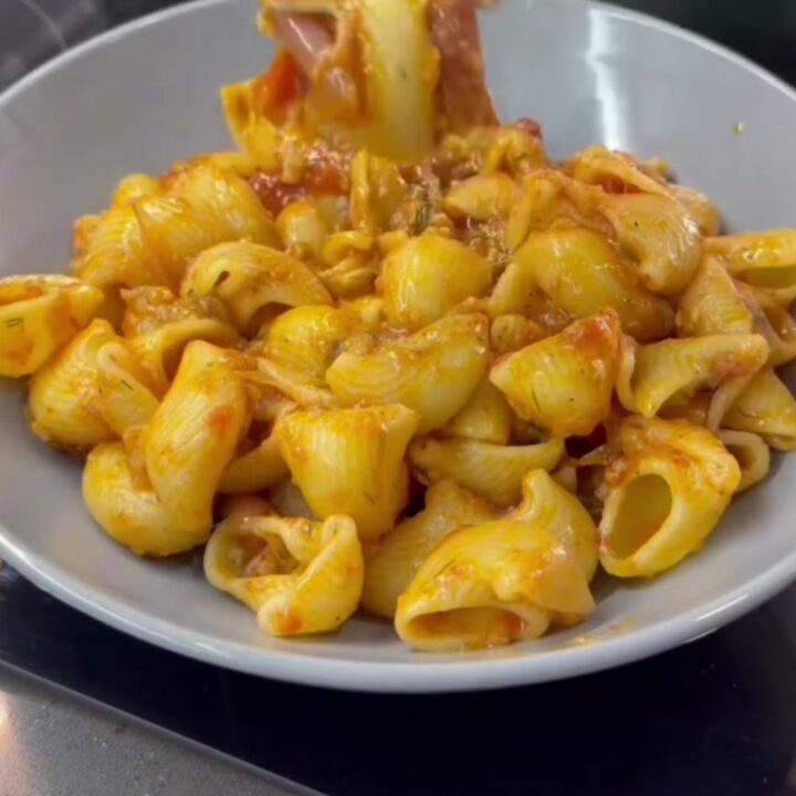 Spoonful of cheesy pipe rigate pasta with melted mozzarella stretching