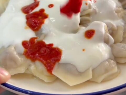 Honeycomb Turkish manti dumplings with garlic yogurt and sizzling paprika mint butter