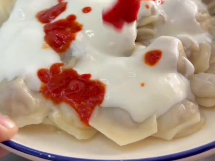 Honeycomb Turkish manti dumplings with garlic yogurt and sizzling paprika mint butter
