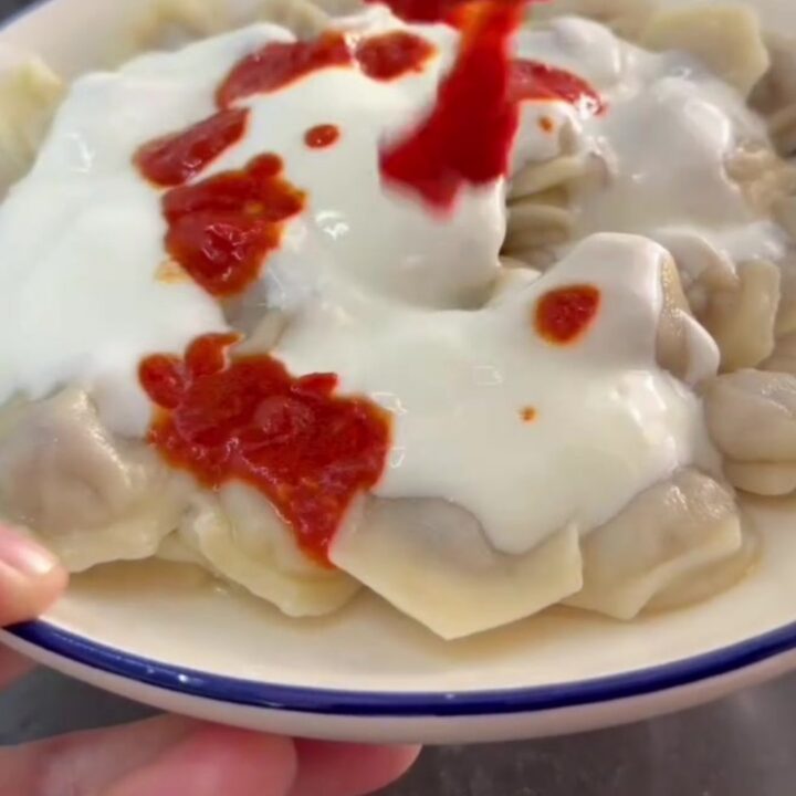 Honeycomb Turkish manti dumplings with garlic yogurt and sizzling paprika mint butter
