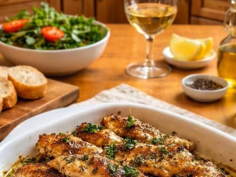 Golden-brown Greek chicken tenders served in a white dish with a side of salad and bread.