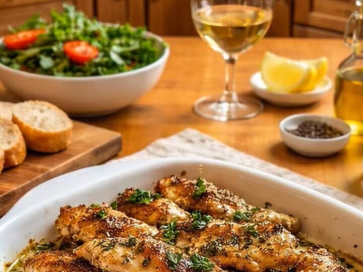 Golden-brown Greek chicken tenders served in a white dish with a side of salad and bread.