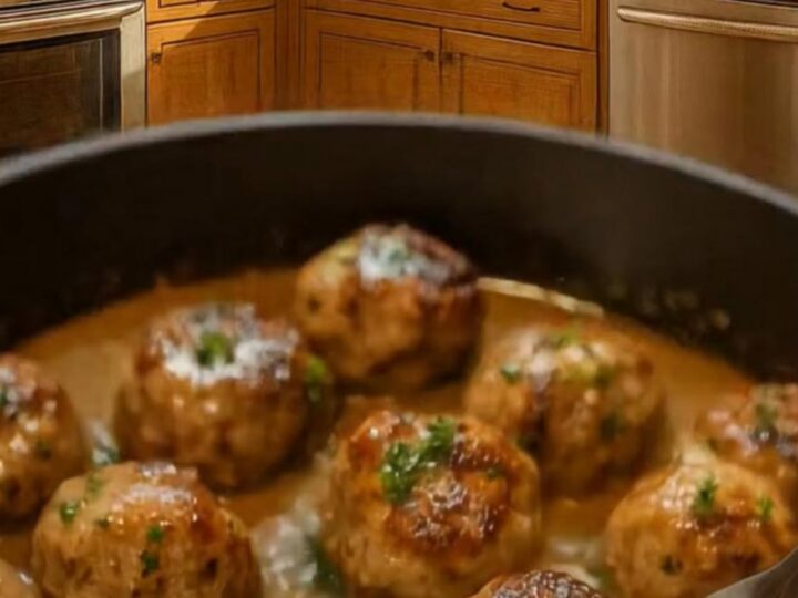 A close-up of tender, golden-brown meatballs in a dark skillet, covered in a rich, velvety cream sauce and fresh parsley.