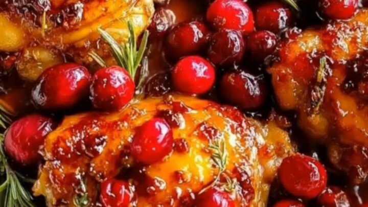 A white baking dish filled with caramelized, crispy chicken thighs coated in a glossy