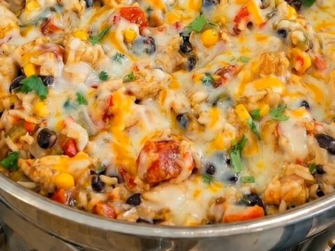A warm golden shot of a stainless steel skillet filled with cheesy Southwest chicken and rice, garnished with fresh cilantro.