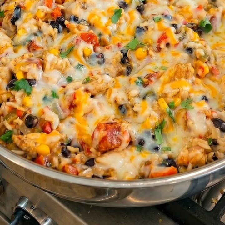 A warm golden shot of a stainless steel skillet filled with cheesy Southwest chicken and rice, garnished with fresh cilantro.