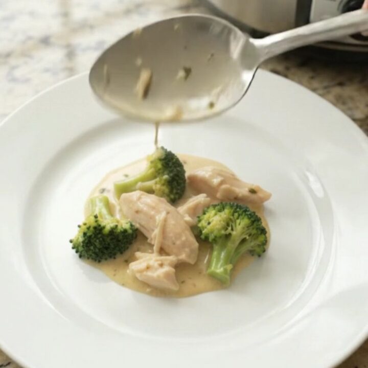 Creamy Crockpot chicken and broccoli with melted cheddar sauce, served in a white bowl