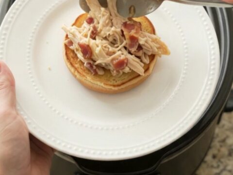Crockpot crack chicken in a slow cooker, creamy with cheese and bacon, ready to serve