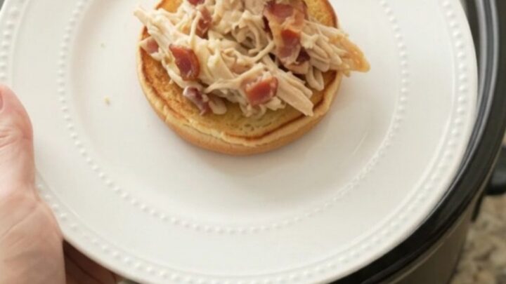 Crockpot crack chicken in a slow cooker, creamy with cheese and bacon, ready to serve