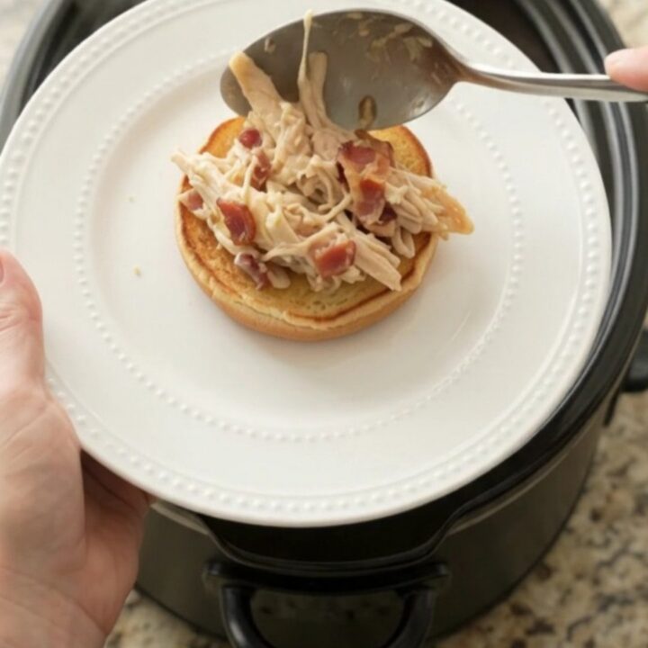 Crockpot crack chicken in a slow cooker, creamy with cheese and bacon, ready to serve