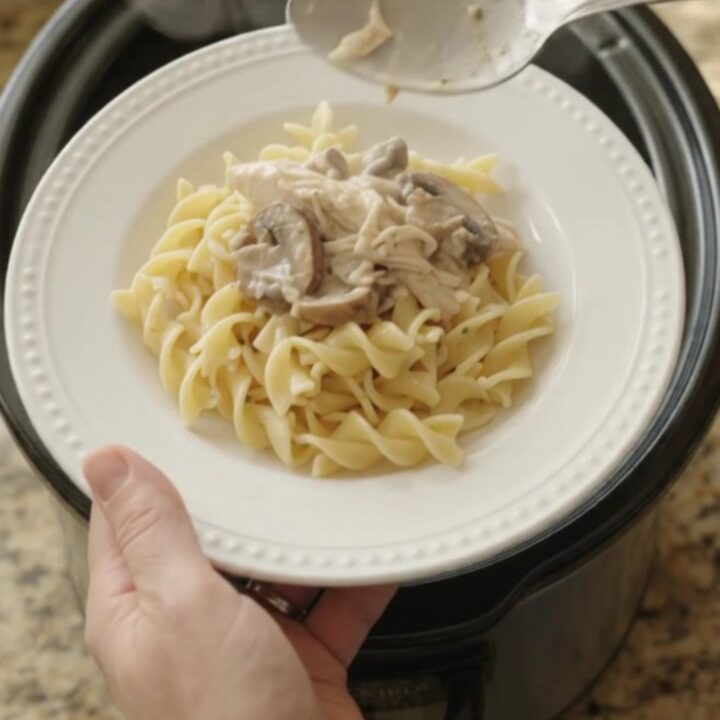 Creamy Parmesan mushroom chicken in a slow cooker with a spoon lifting a bite.