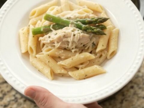 Creamy mozzarella asparagus chicken in a slow cooker, with shredded chicken and asparagus in a rich sauce.