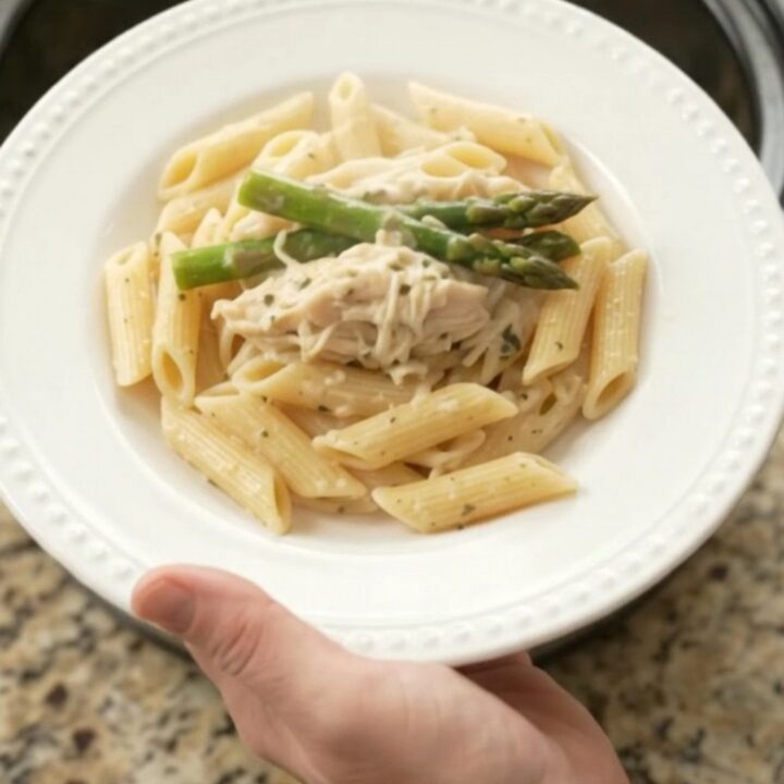 Creamy mozzarella asparagus chicken in a slow cooker, with shredded chicken and asparagus in a rich sauce.