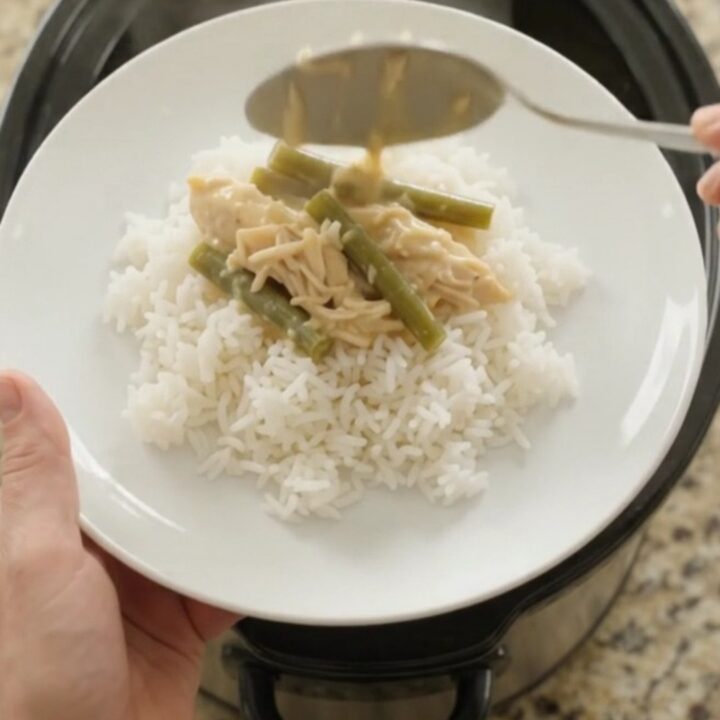 Slow cooker filled with creamy cheddar chicken and green beans, bubbling and golden