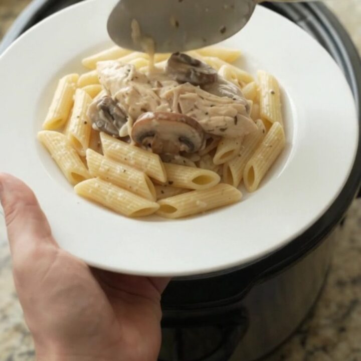 Creamy mozzarella mushroom chicken in a slow cooker, with shredded chicken and mushrooms in a rich sauce.