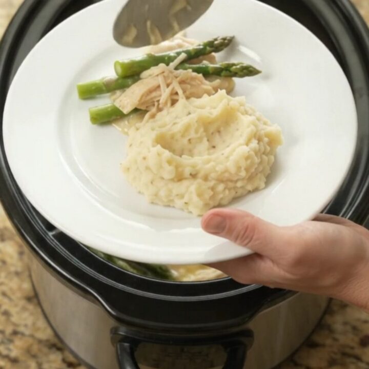 Creamy Swiss asparagus chicken in a slow cooker, with melted cheese and tender chicken.